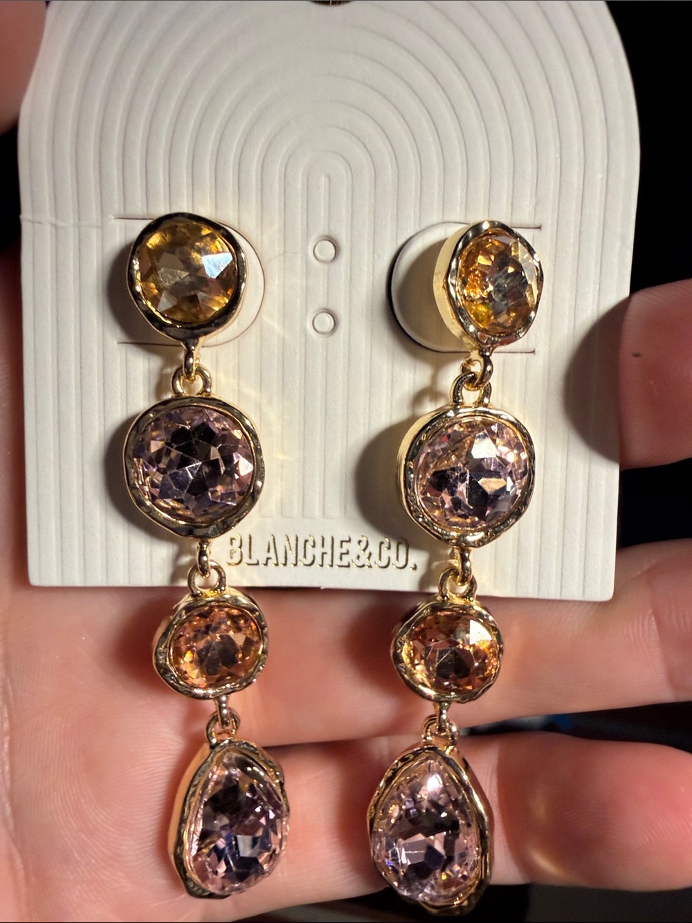 BLANCHE & CO. Gold-Tone Pink and Champagne Crystal Linear Drop Earrings